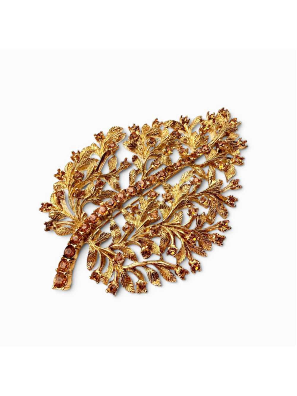 Vintage Coro Thailand Amber Rhinestone Floral Leaf Brooch Gold Tone Statement